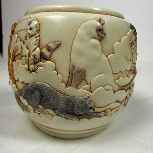 Jardinia Cat Jar Forever and Ever Bas Relief Ivory Sculpted Cats on Clouds Cache